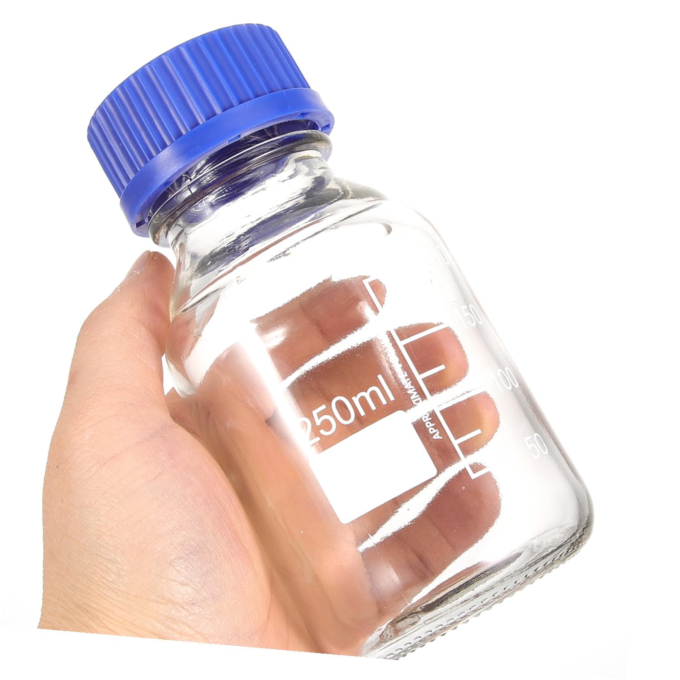 Set da 4 Bottiglie di Vetro per Reagenti con Tappi a Vite Blu, Capacità 250ml, Leggere e Lavabili, per Applicazioni in Laboratorio e Istituti Chimici
