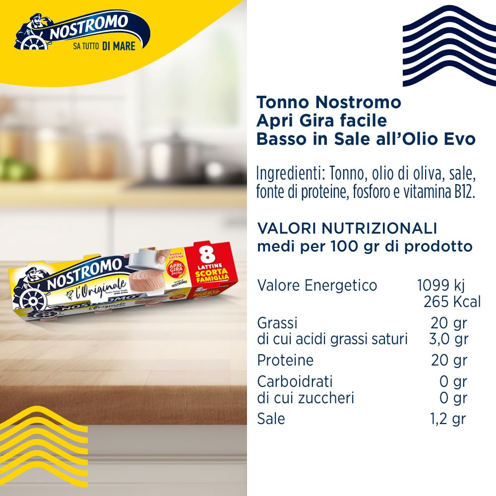 Nostromo - Tonno all'olio di oliva Apri Gira Facile, 8 lattine da 65gr. Facile da servire, pronto da gustare. Formato multipack.