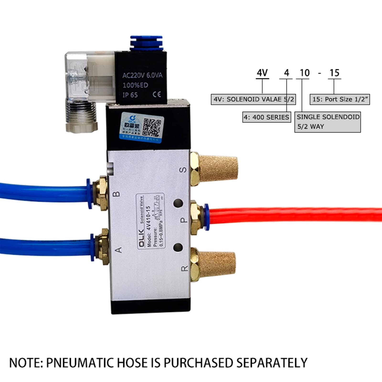 4V210-08 4v110-06 Válvula de Aire neumática de 5 vías 5/2 Controlador electromagnético DC12V DC24V AC110V AC220V 4V310-10(4V110-06,DC24V)