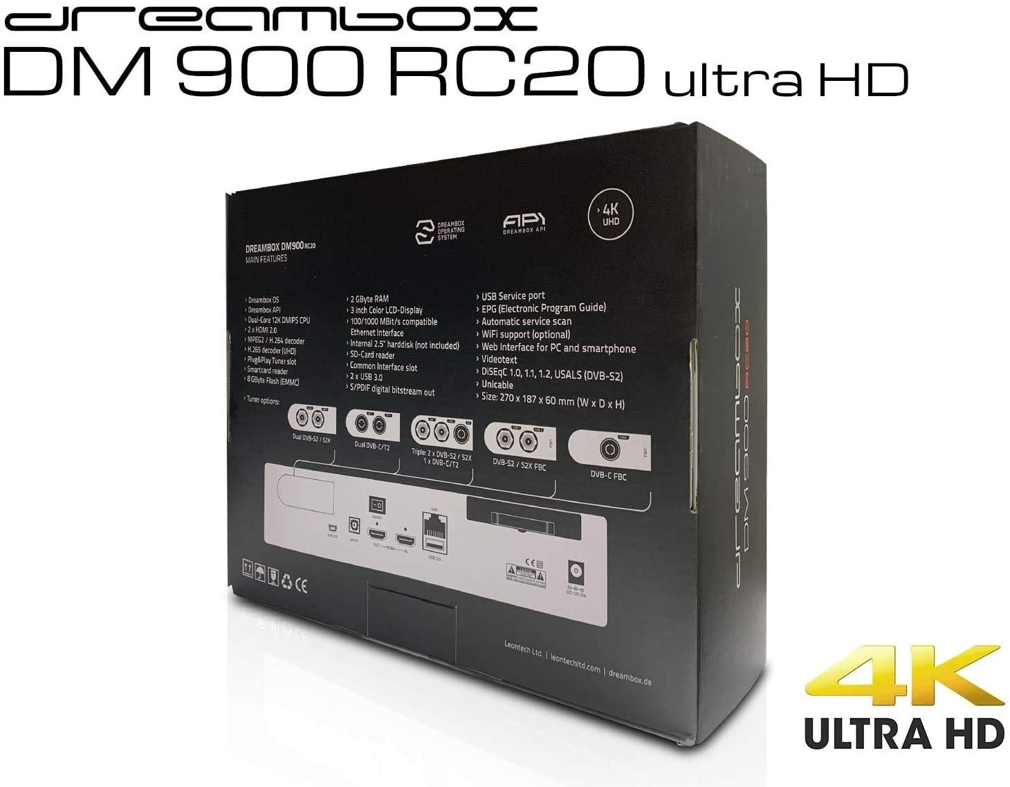 Dreambox DM900 RC20 UHD 4K 2x DVB-S2X / 1x DVB-C/T2 Triple MS Tuner E2 Linux PVR ready Receiver
