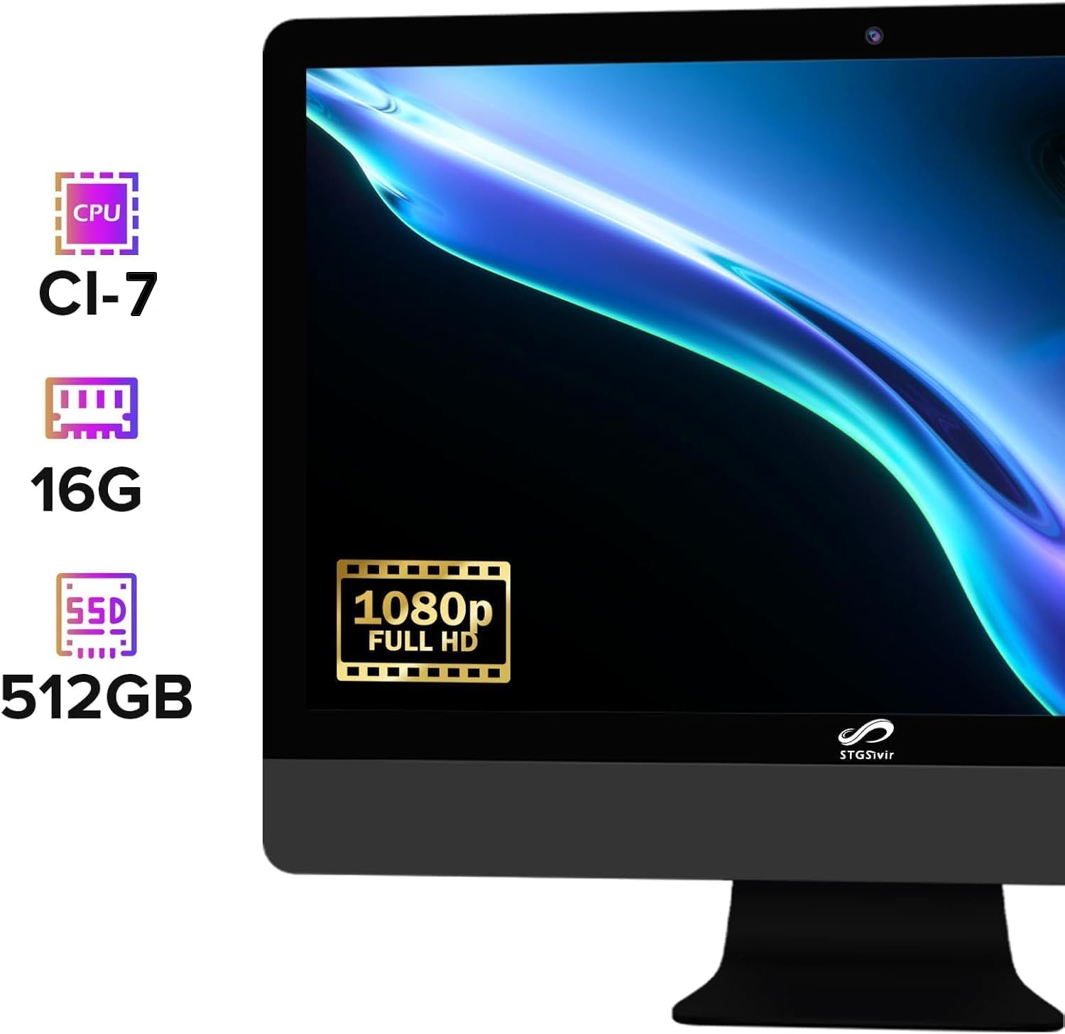 STGSivir All in One Desktop Computer, 22" FHD Display, Intel Core i7 up to 3.9G, 16GB RAM, 512GB SSD, WiFi 5, Bluetooth, RGB Keyboard & Mouse, Webcam, Windows 11 Home