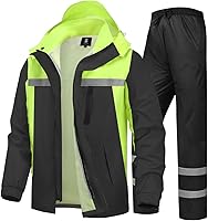 SaphiRose Men's High Visibility Reflective Waterproof Rain Suit Jacket Pants - Windproof for Motorcycle Fishing Farm Work