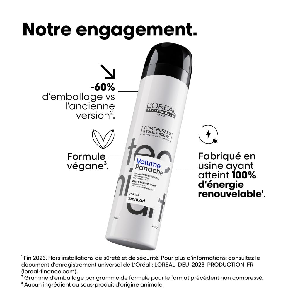 L'OREAL PROFESSIONNEL - Spray Coiffant Volume Panache Tecni Art - Volume Sauvage Maximal & Fini Mat Poudré - Homme & Femme - Sans Résidus & Toucher Sec - Convient aux Cheveux Raides à Bouclés - 250 ml