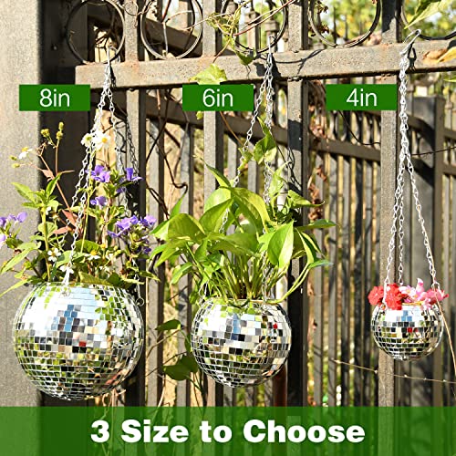Ruby.q Disco Ball Planter, 4"/6"/8" Silver/Rose Gold Disco Planter, Disco Ball Plant Hanger With Hanging Rope, Hanging Chain, Hook, Circle And 6Pcs Extra Mirror Pieces For Indoor Plants (6", Silver) #TOP1