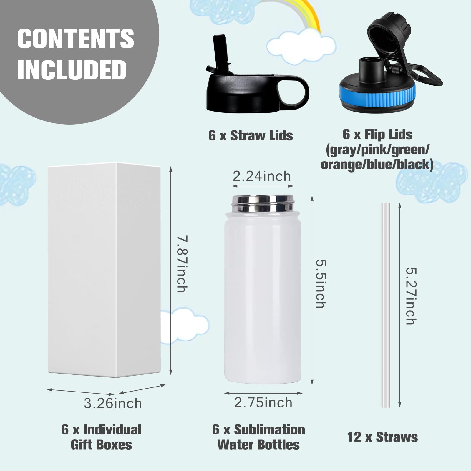 BetterSub – Confezione Da 6 Borracce In Acciaio Inox 350 Ml Per Sublimazione, Isolate A Doppia Parete, Con 2 Coperchi E Cannucce, Ideali Per Personalizzazione Regalo - 6