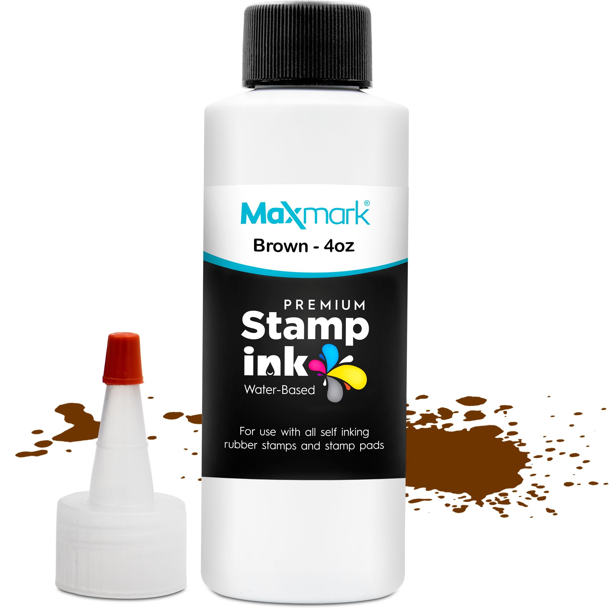 MaxMark Premium Refill Ink with Control Tip Bottle for Self-Inking Stamps, Brown Color - 4 oz.