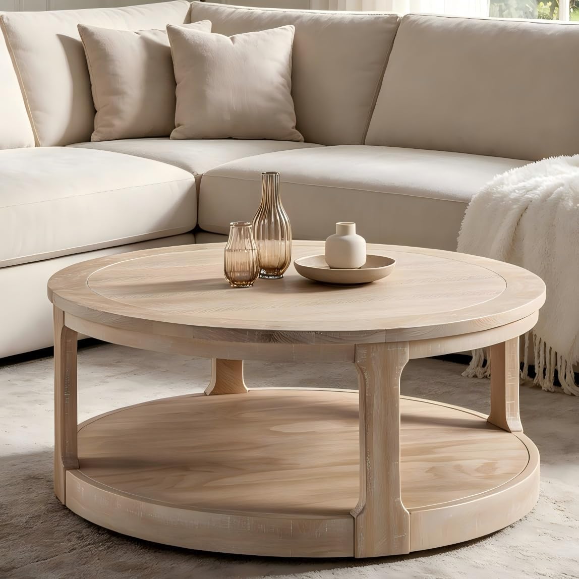 Round Coffee Table 40" Circle Coffee Table for Living Room 2-Tier Solid Wood Desktop Center Table Modern Design Accent Center Table Home Furniture for Bedroom, Home Office Oak