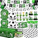 Soccer Birthday Party Decorations Includes Plates, Napkins, Cups, Banner, Hanging Swirls, Tablecloths, Balloons, Toppers, Honeycomb Centerpieces for Boys Sport Soccer Party Decorations, Serves 24