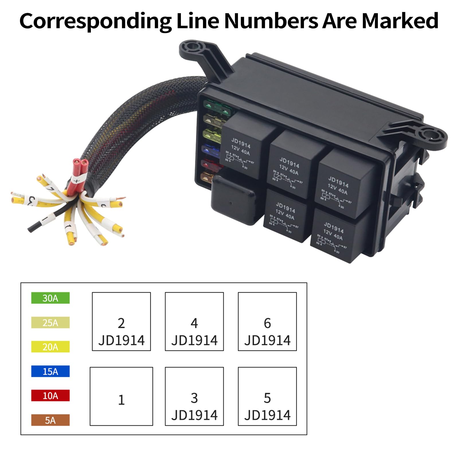 Hanzete - Blocco relè fusibile 12 Volt con relè 40A JD1914 4 pin RTT7121, 6 portafusibili ATC/ATO, scatola relè con cablaggio fusibile impermeabile e scatola relè per auto, camion, barche