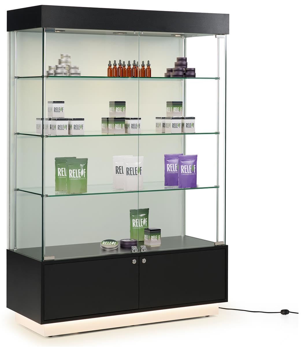 Displays2go 48" Glass Display Case w/Top Lights, Color-Changing Base, Adjustable Shelves - Black (ELBW)