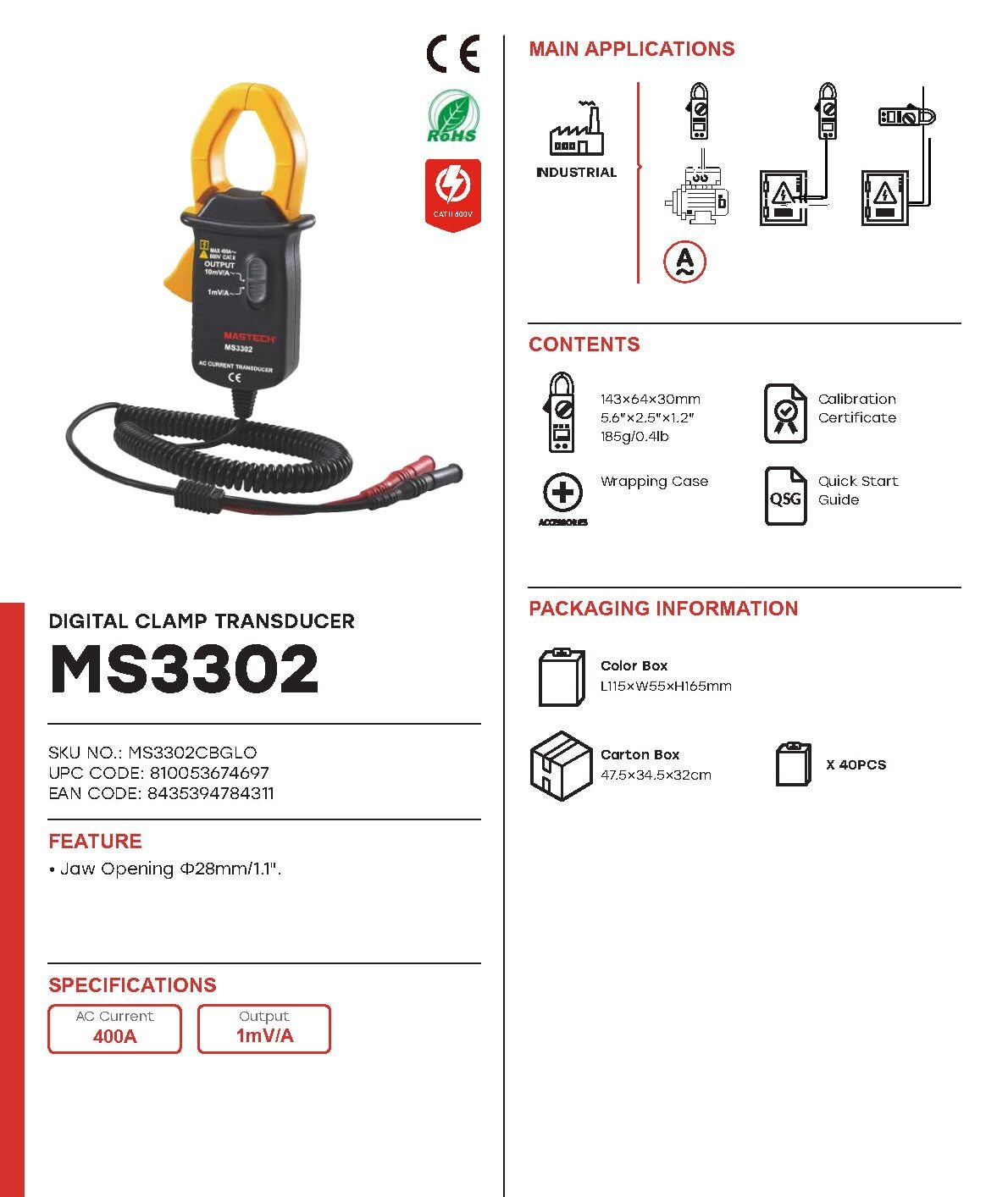 MASTECH MS3300 MS3302 Clamp Meter Transducer True RMS Digital Multimeter AC Current 0.1A - 400A Clamp Converter(MS3302)