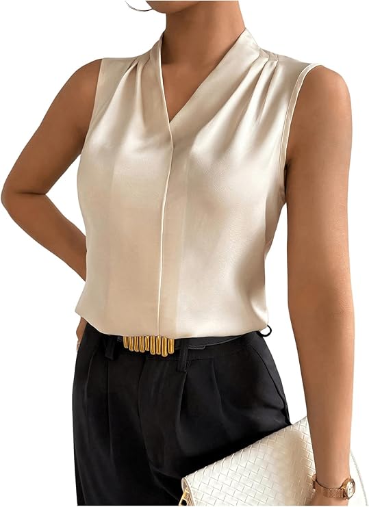 Women's Elegant V Neck Pleated Sleeveless Blouse Summer Work Shirt Tank Tops