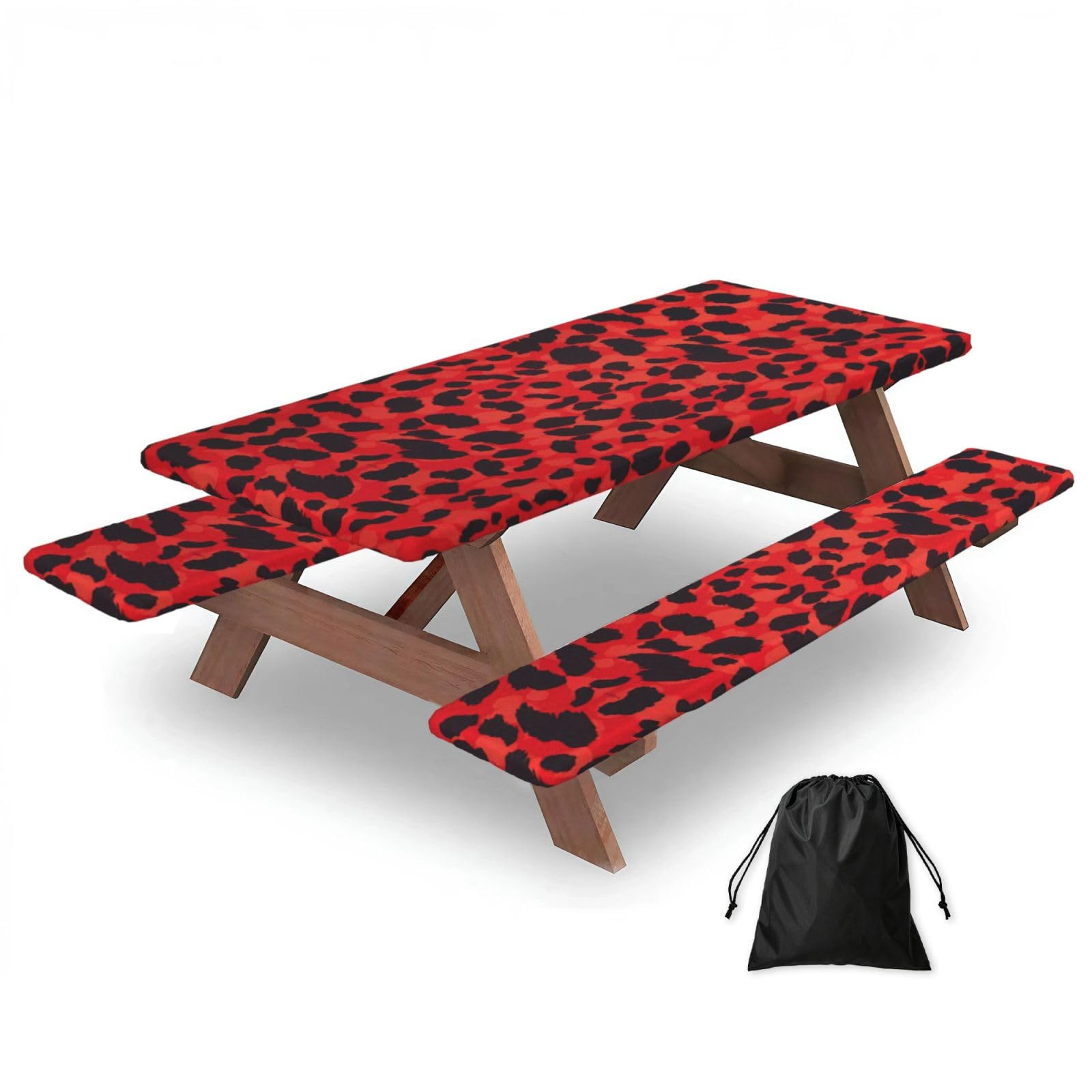 Zyjhyy Black Red Leopard Pattern Print Party Table Covers With Bench Covers Set Of 3 Picnic Table Cloth Wipe Clean For Garden Camping