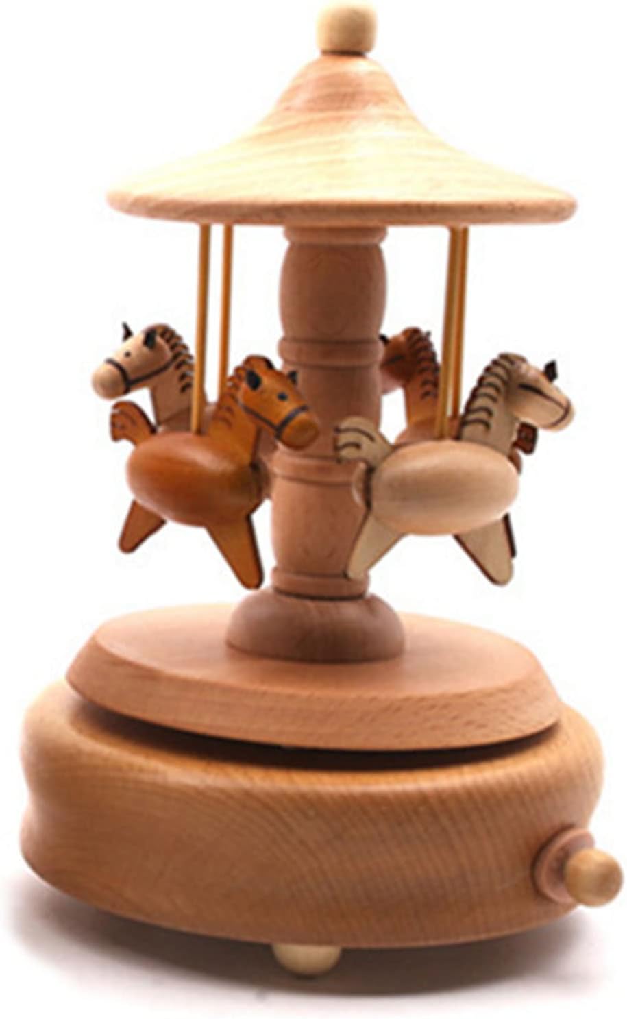 Wooden Music Box, Rotate Wood Horse Musical Box Desk Ornament for Birthday Wedding (Beige B)