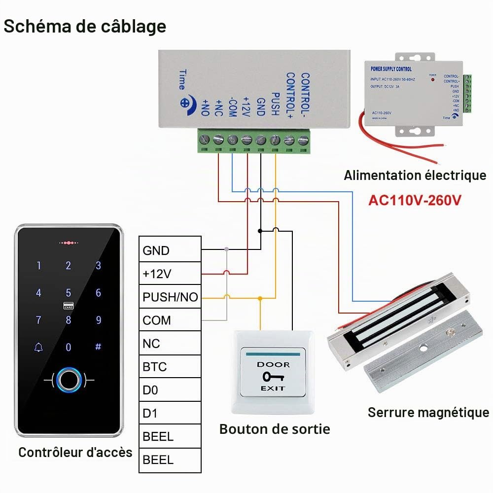 FST Kit de Système de Contrôle d'accès de Porte IP68 Clavier RFID d'empreinte Digitale étanche + Serrure Magnétique électrique 180KG + 10 pièces Porte-clés pour la Maison Extérieure