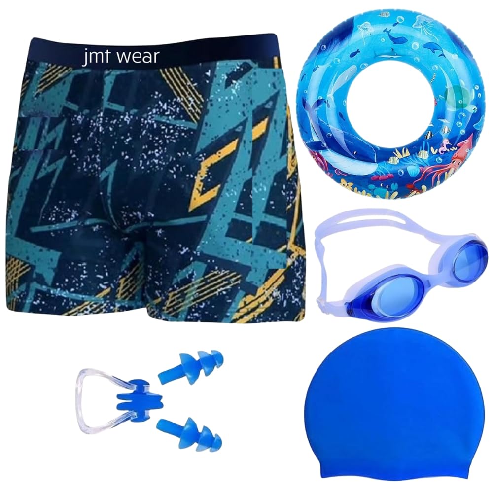 Boys Swimming Kit with 1 Swimming Shorts | Costume | Trunk 1 Anti Fog Swimming Goggles Swim Ring Swimming Cap 1 Nose Clip 2 Ear Plugs Multi-Color-image-1
