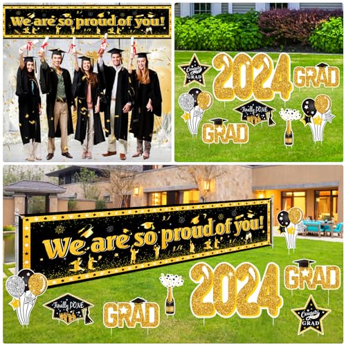 KMUYSL Large Graduation Decorations Class of 2024 Yard Sign - 8Pcs Glitter Congrats Grad Yard Signs 2024 and Proud of You Banner Backdrop with Stakes for Outdoor, Lawn Party Decor - Thumbnail 2