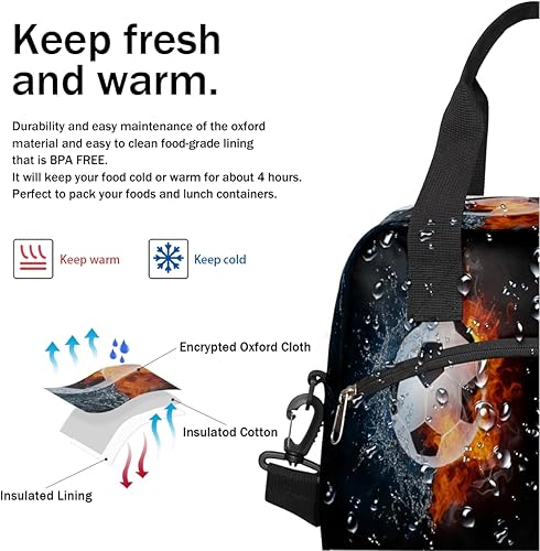 Miniatura 6 de Lonchera de fútbol con aislamiento térmico para mujeres, hombres, niñas, niños, agua y fuego, bolsa de almuerzo con correa ajustable para el hombro,