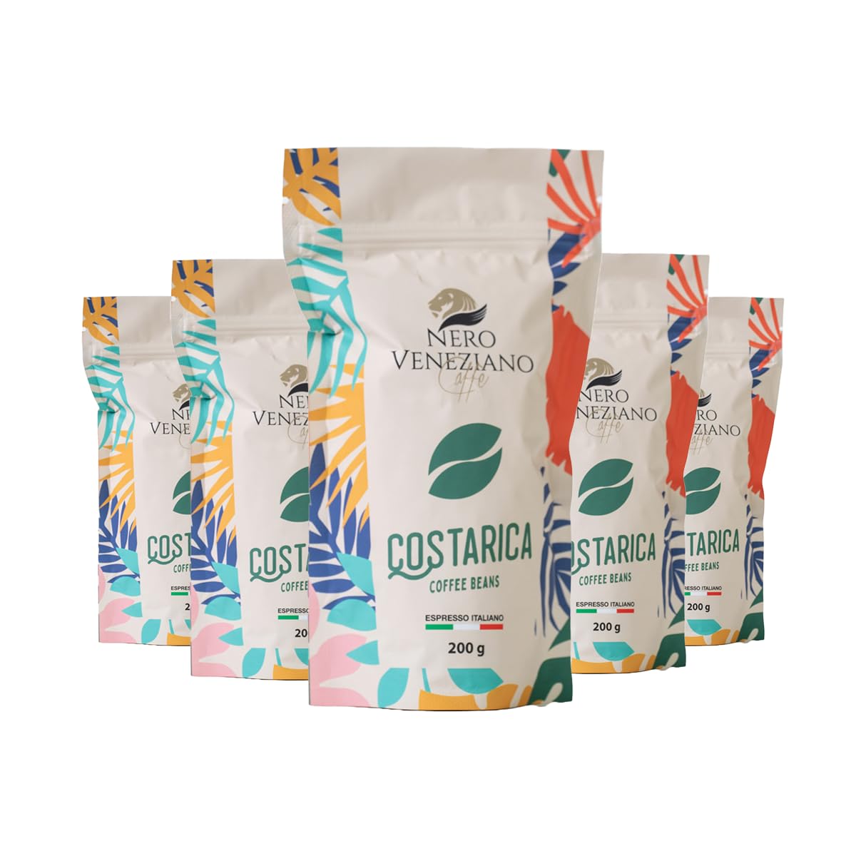 Nero Veneziano Costa Rica Caffè in Grani 5x200 g, 50% Arabica 50% Canephora, Tostatura Media, Note di Bacche Rosse e Agrumi, Corpo Robusto, Bassa Acidità, per Espresso e Automatiche