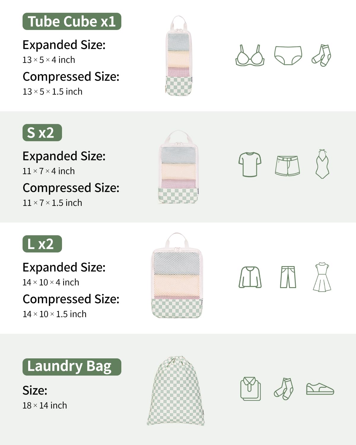 Narwey 6er-Set Kompressions-Verpackungswürfel, kariert, für Reisen, für Handgepäck, Koffer, Reisetaschen, Minzgrün, Schachbrettmuster