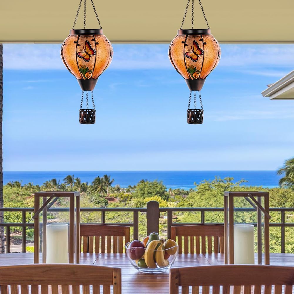 Starsoul Butterfly Hot Air Balloon Solar Lantern with Flickering Flame Light Glass Solar Powered Hot Air Balloon Lamp Waterproof Hanging Outdoor Solar Lantern for Yard Porch Backyard Decor