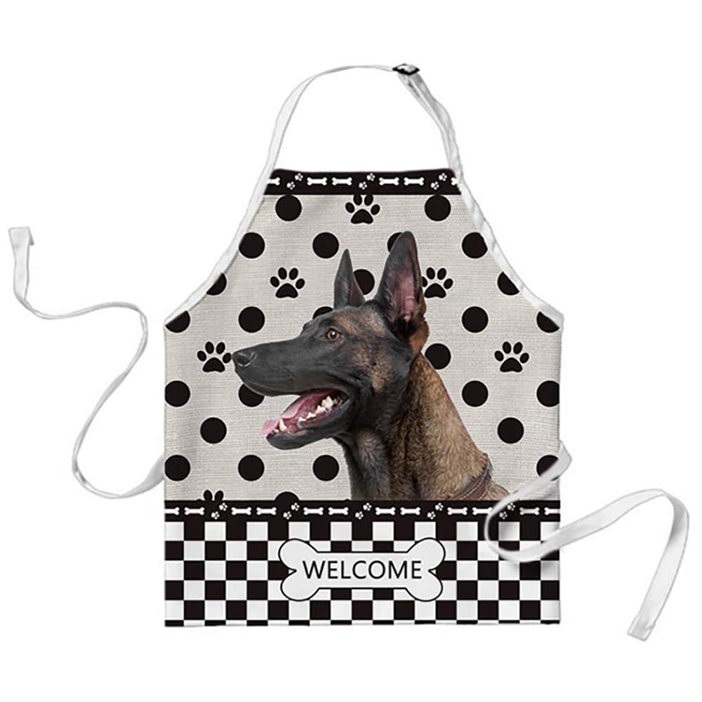 BAGEYOU Personalized Polka Dots and Plaid Checkered Apron with Funny Dog Belgian Malinois Chef Kitchen Cooking Arpon for Men Women