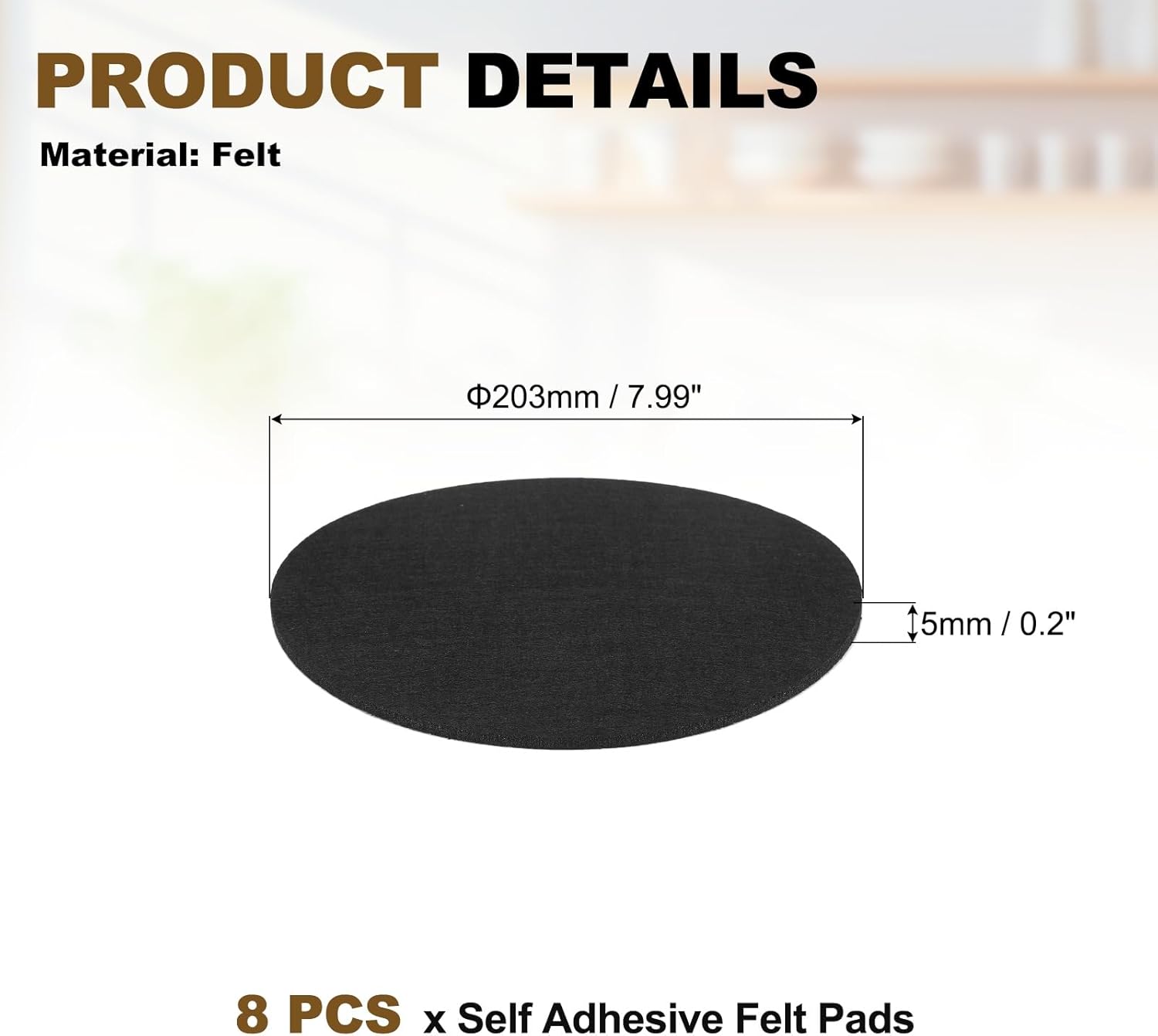 uxcell 8Pcs Non Slip Furniture Pads, 8" Round Self Adhesive Felt Bumpers Noise Reducing Furniture Feet Floor Protector for Chairs Tables Furniture Legs (Black 0.2" Thick)