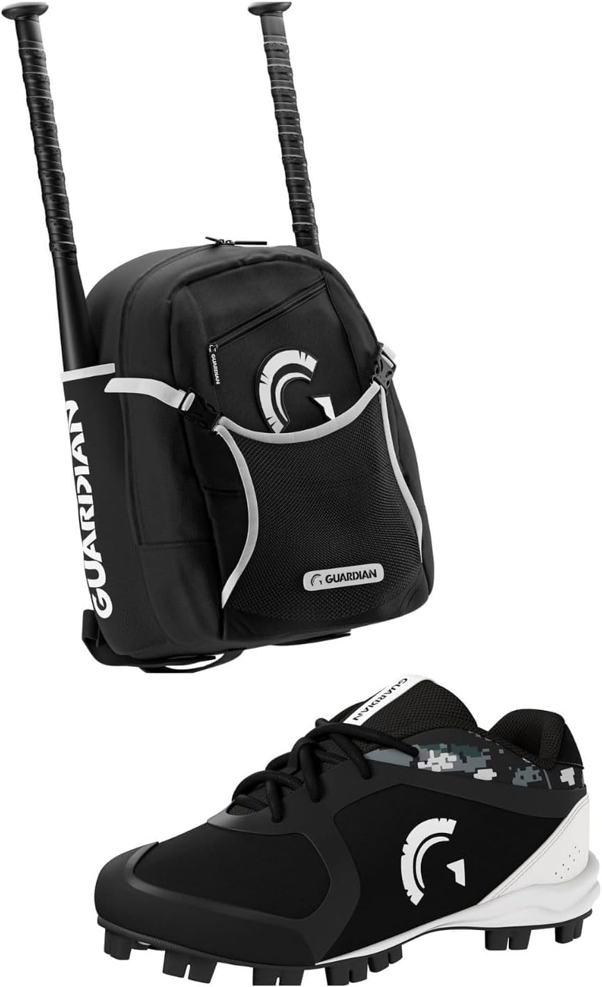 Guardian Youth Baseball & Softball Gear Bundle – Game Day Equipment for Boys & Girls – Baseball Backpack with Helmet Compartment & 2 Bat Sleeves + Low Top Youth Cleats with V-Cleat Technology Size 6