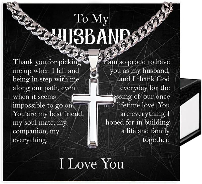 Cross Cuban Chain Necklace - Promise Necklace for Him, Necklace for Husband, Mens Necklace for Fiance, Valentine's Day