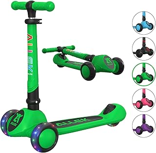 Allek Kick Scooter Foldable F02, 3-Wheel LED Flashing Glider and 4 Adjustable Height with Anti-Slip Thick Deck Push Scooter for Children 3-12yrs
