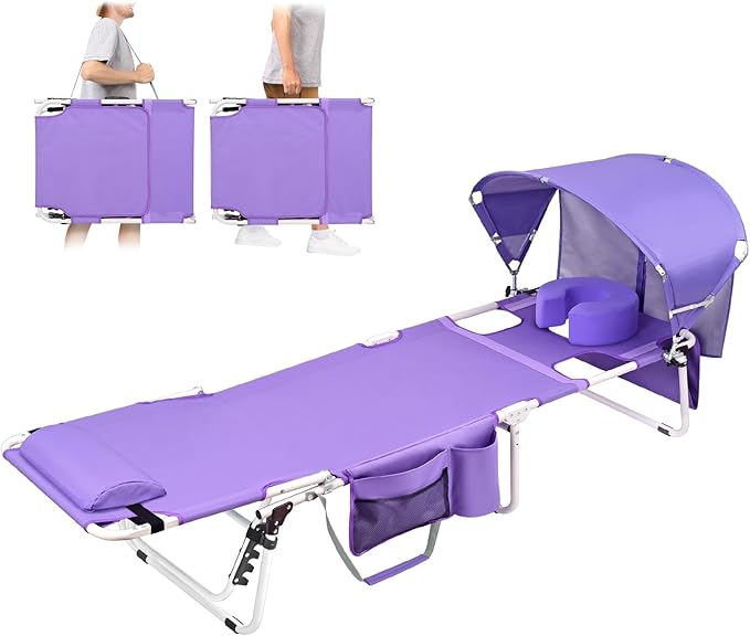 Tanning Chair with Sun Canopy Face Hole, Heavy Duty Layout Folding Lounge Chair for Adults Outside Beach Reading Sunbathing Poolside Lawn, UPF 50+ Sun Shade, 300 LBS