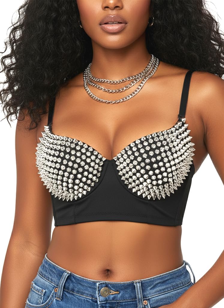 Women Spiked Studded Punk Goth Rivet Bustier Corset Crop Tops - Image 3