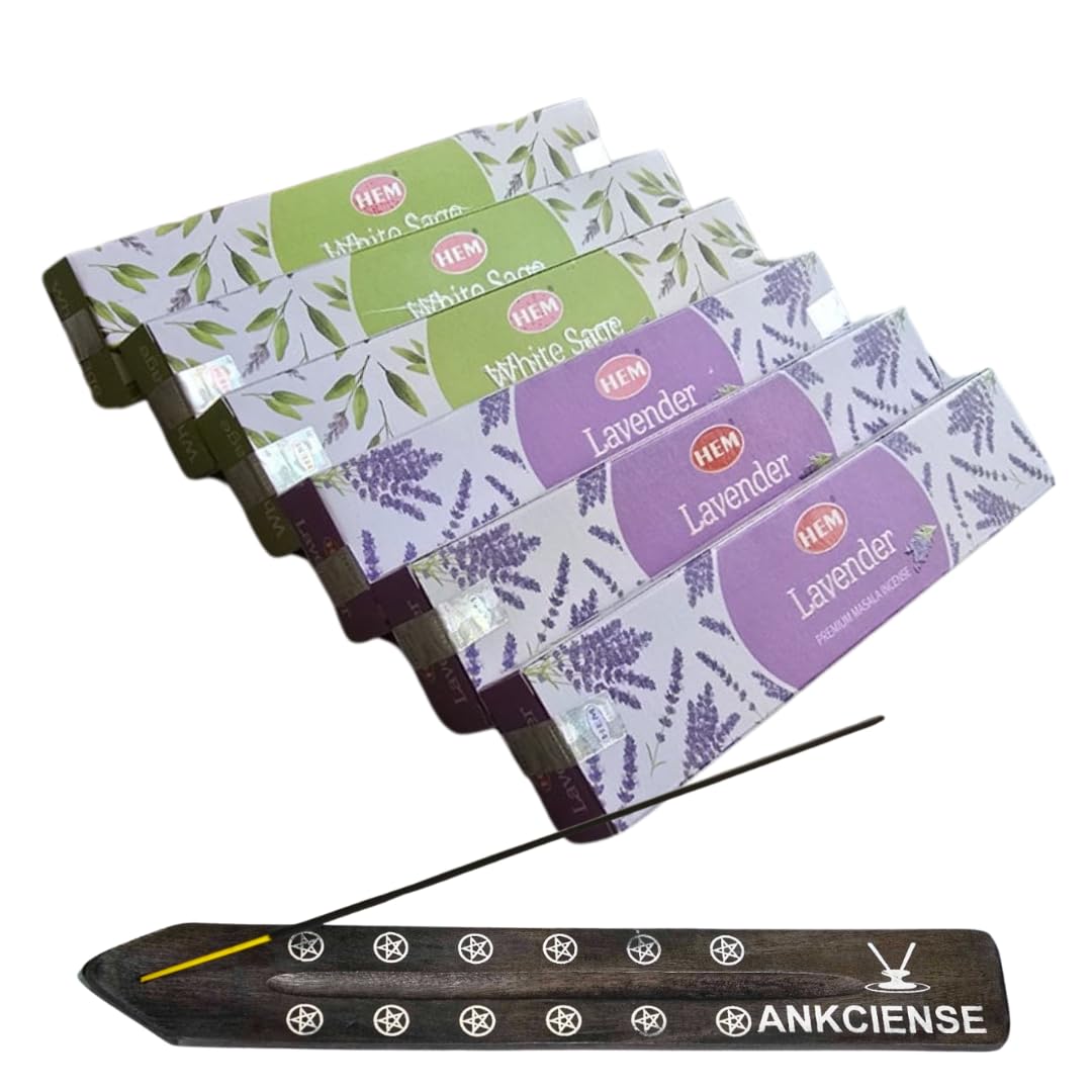 Hem Masala Incense Pack of 3 Each Fragrance, Bundled with ANKCIENSE Incense Holder (Champa & Myrhh) (White Sage & Lavender)