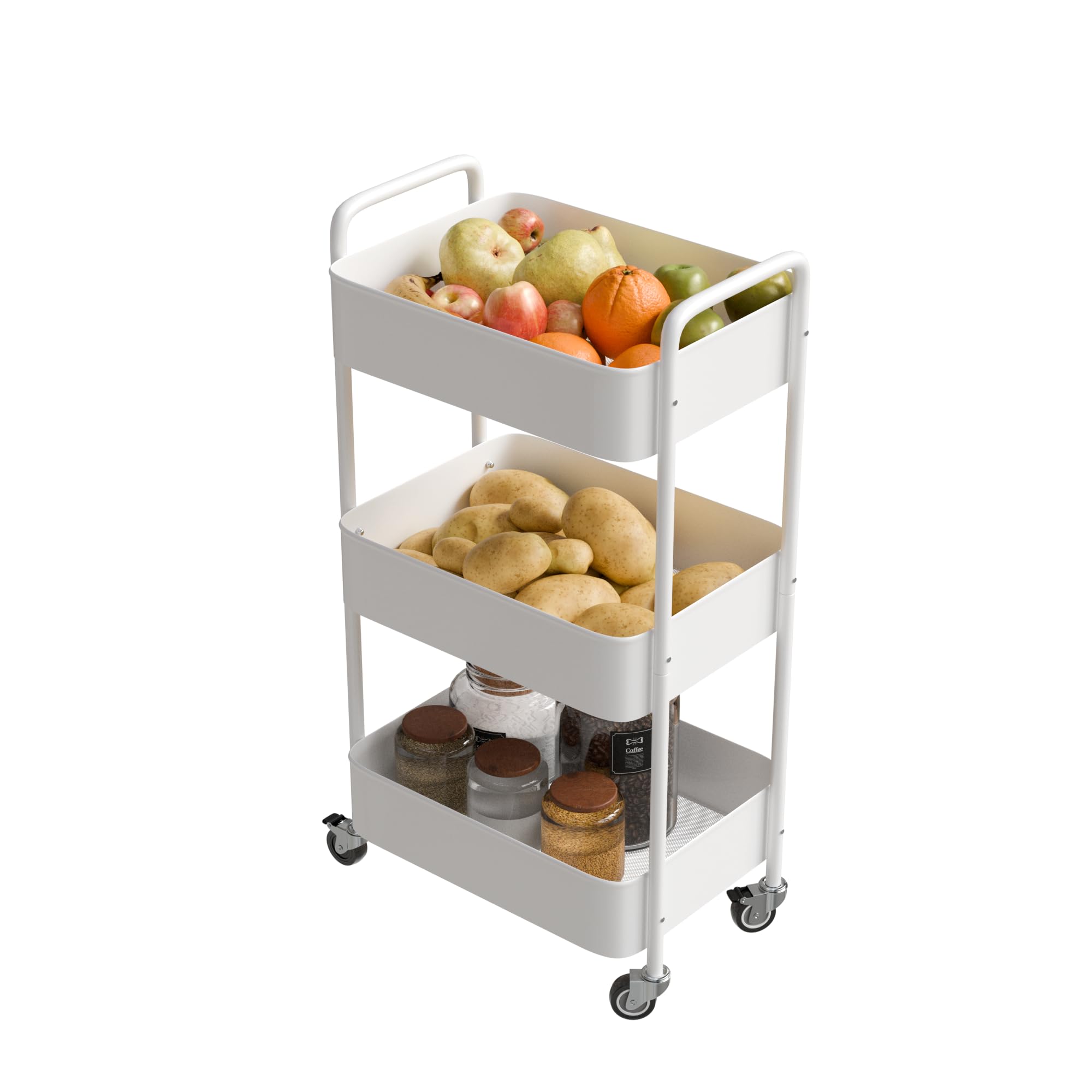 Amig – 3‑Tier kitchen trolley with castors Mod. LINN – Auxiliary steel shelving – White – Multipurpose trolley for kitchen, bathroom or office – 40.5 x 28 x 76 cm