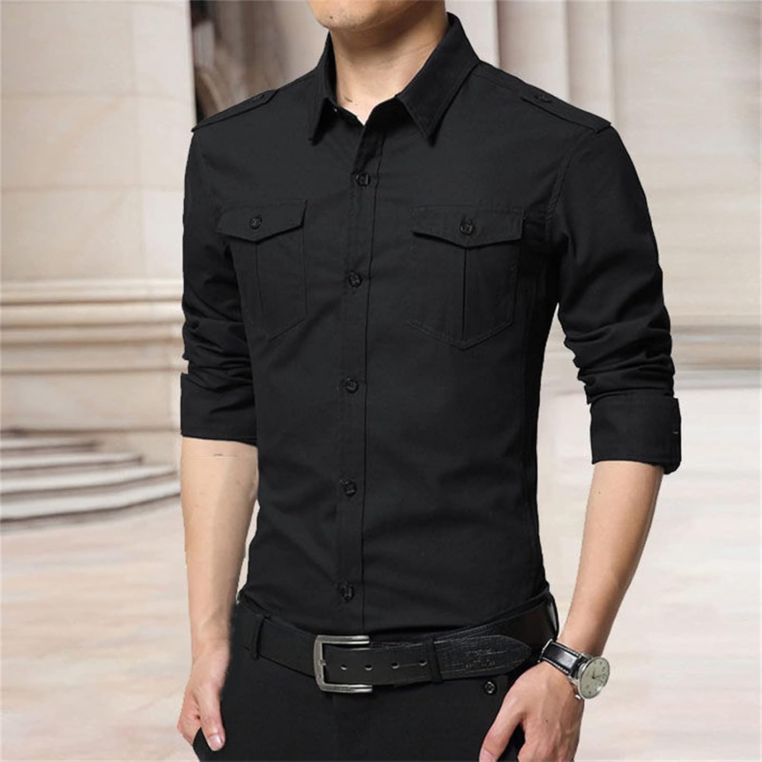 Men's Long Sleeve Classic Shirt Casual Cotton Button Up Shirts Spread Collar Beach Shirts with Pockets