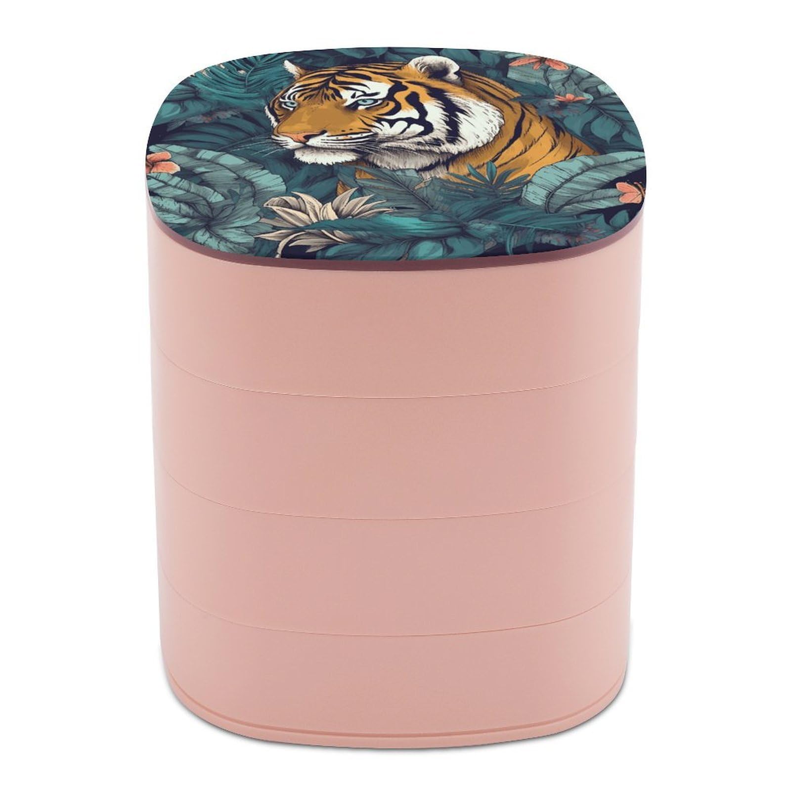 VstaDank Tropical Tiger Jewelry Organizer Small Travel Earring Storage Box with Mirror 4-Layer Rotating Travel Jewelry Tray Case with Lid Large Capacity Jewellery Holder Case