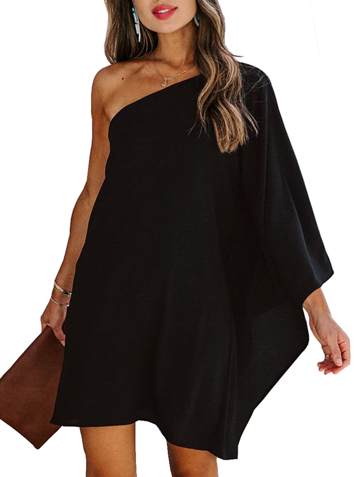 Chunoy Women Casual Batwing Sleeve Side to Side One Shoulder Statement Flowy Mini Dress Black