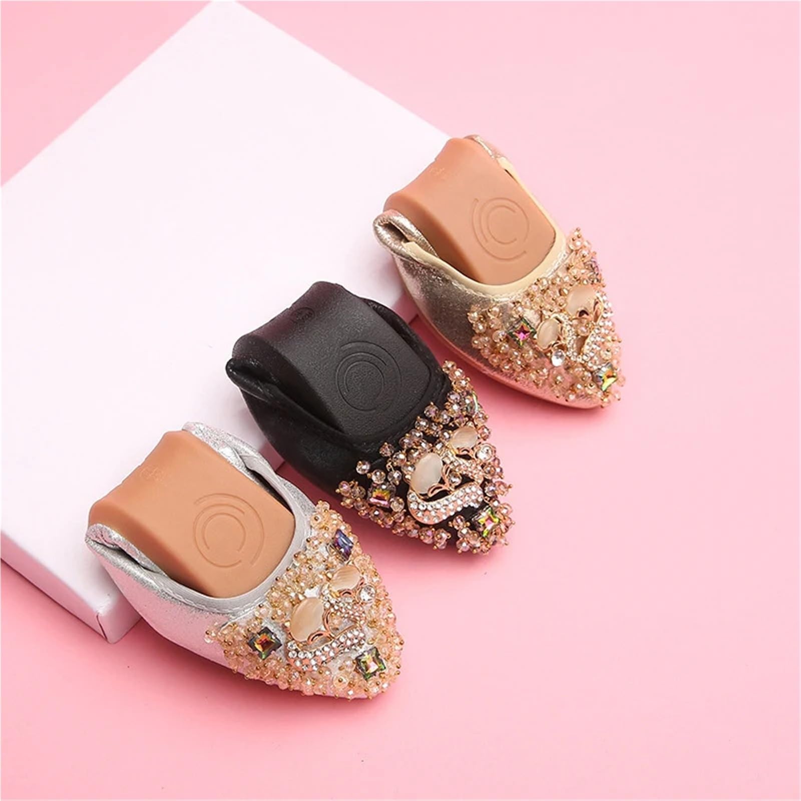 Zapatos Planos de Ballet Plegables Talla Grande, Suela Blanda Cristal Brillante, Parte Inferior Oxford Antideslizante for Mujer | Black,5