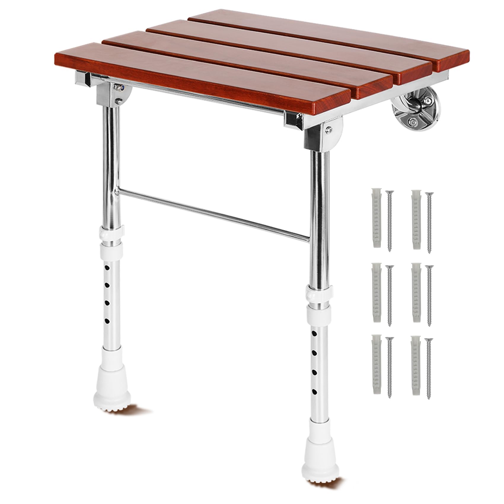 Photo 1 of 20'' Folding Shower Seat Wall Mounted with Legs, Adjustable Height, 440-pound Sturdy Bathroom Safety Seat, Space-Saving Bathroom Shower Seat, Wooden Shower Seat for The Elderly and The Disabled