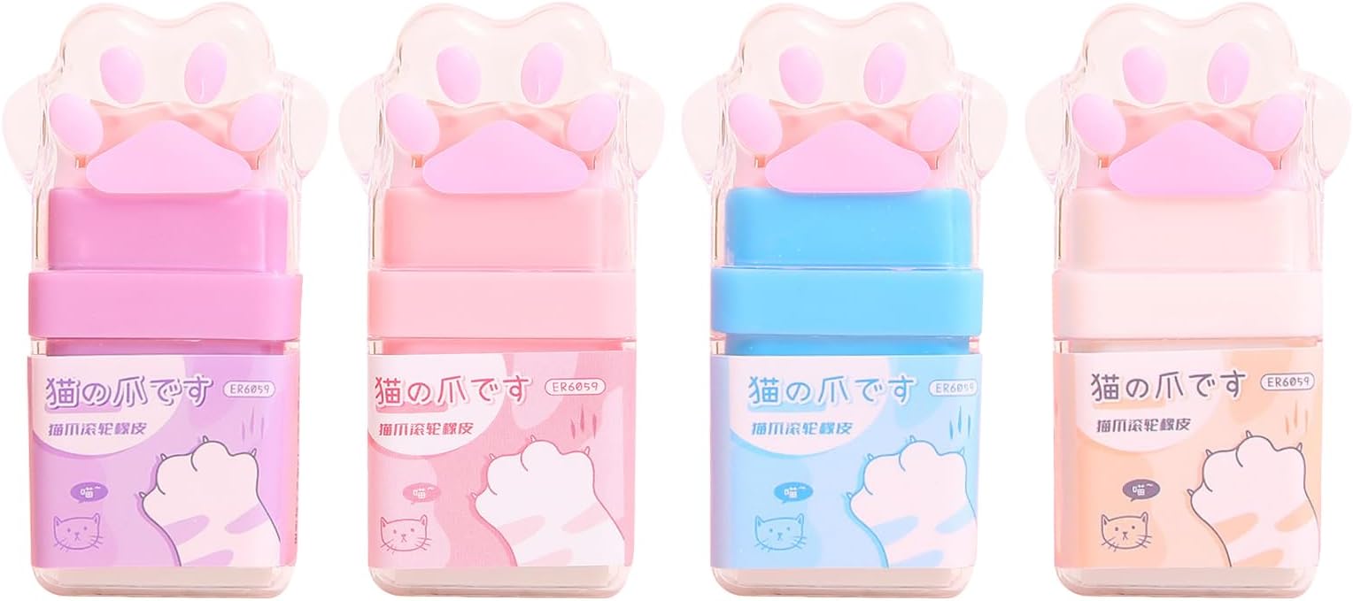 Shudyear 4 Pcs Cat Paw Shaped Erasers, Cute Rubber, Pencil Eraser, Eraser with Cover and Roller,for Students Writing Office School Supplies (C) (DTXP2307)