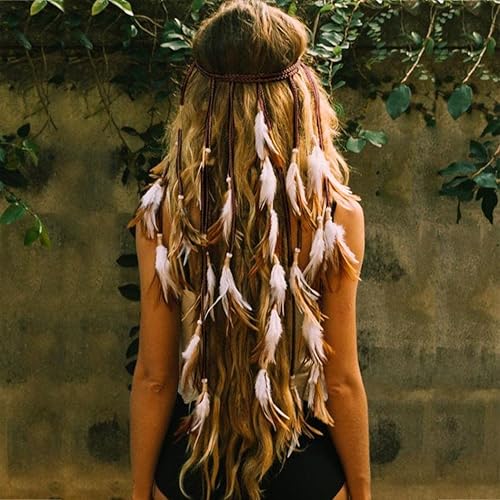 Miniatura 1 de CAKURE Banda de pelo de plumas bohemias, cuerda hecha a mano, accesorio para el pelo de boda para mujeres y niñas (juego 1, 1 unidad)