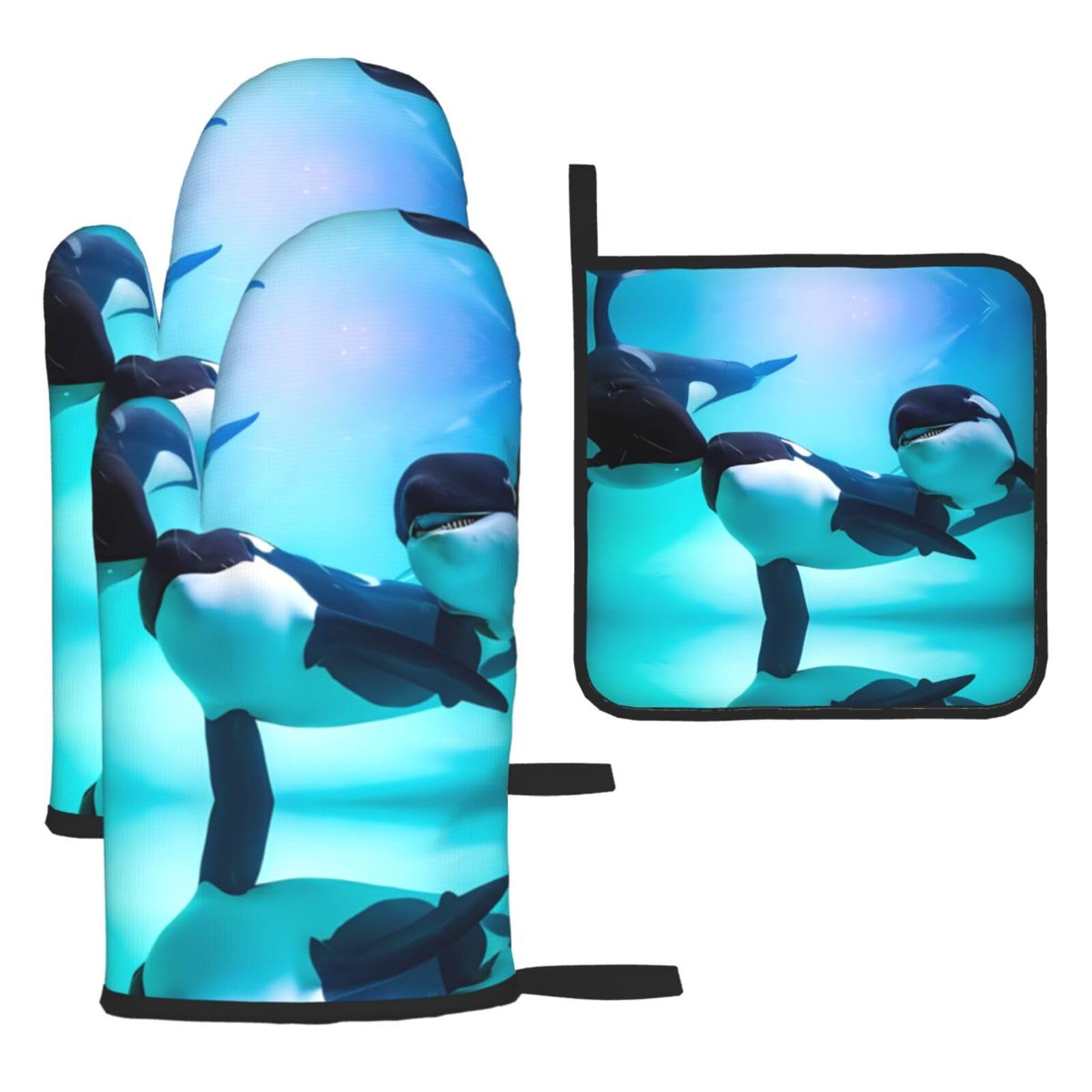 killer whale 3 Piece Kitchen Oven Mitt Set Heat Resistant Gloves with Pot Holder Mat Polyester Printed for Cooking Baking BBQ Grill
