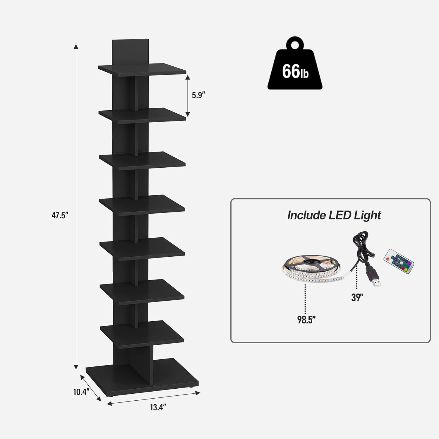 tutotak narrow bookshelf, 8-tier bookcase with led lights, spine book shelf for small space, corner standing shelf for living room, office, study, entryway, black bs06bk008l 8 tier with leds black