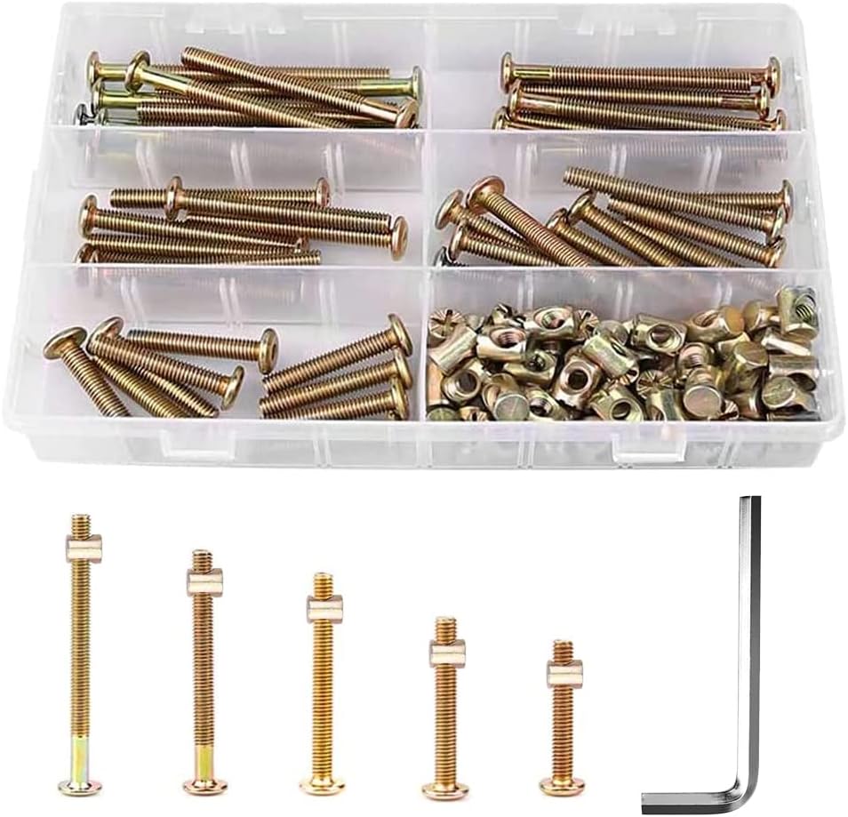 51Pcs M6 Furniture Hardware Set, Zinc-Plated Bolts & Nuts Crib Fasteners Kit - Bed Frame Screw Assortment for Bunk Cot, Beds, Furniture Assembly (40,50,60,70,80mm)