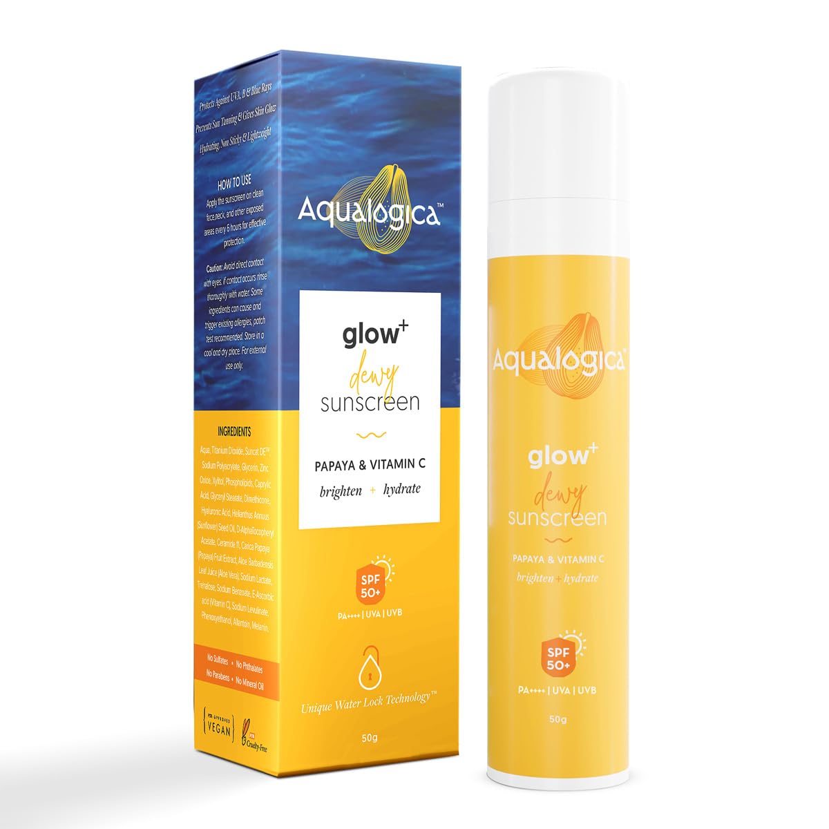 Aqualogica Glow+ Dewy Sunscreen SPF 50 PA++++ with Papaya & Vitamin C | For Oily Skin | UVA/B & Blue Light Protection | Fragrance-Free | For Men & Women | 50g