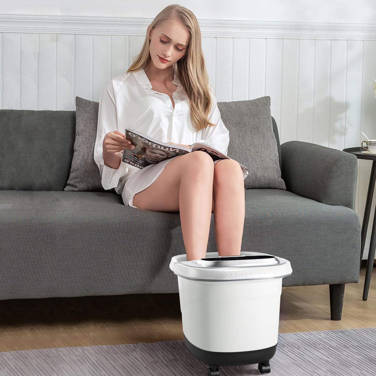 HOMASIS Fußbad Elektrisch, Fußbadewanne mit 4 Rollen(2 mit Bremsen), Fußmassagegerät mit Heizung 35-48°C, Timer 10-60 min, Fußsprudelbad mit Massagefunktion, Fußwanner für Zuhause (Grau)