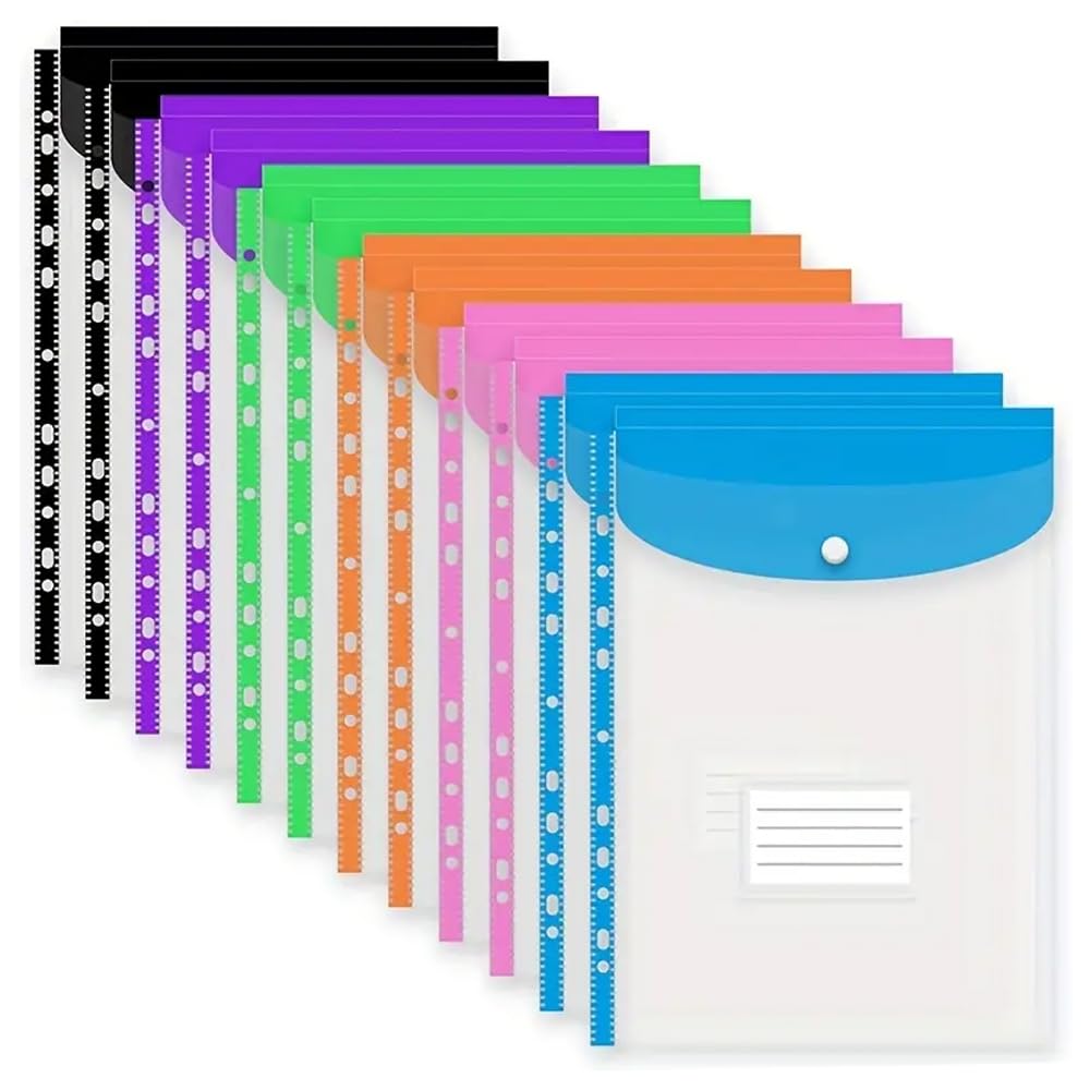 KAV A4 Punched Pockets Plastic Document Wallets, Expandable Clear Plastic File Folder, Convenient Snap Button