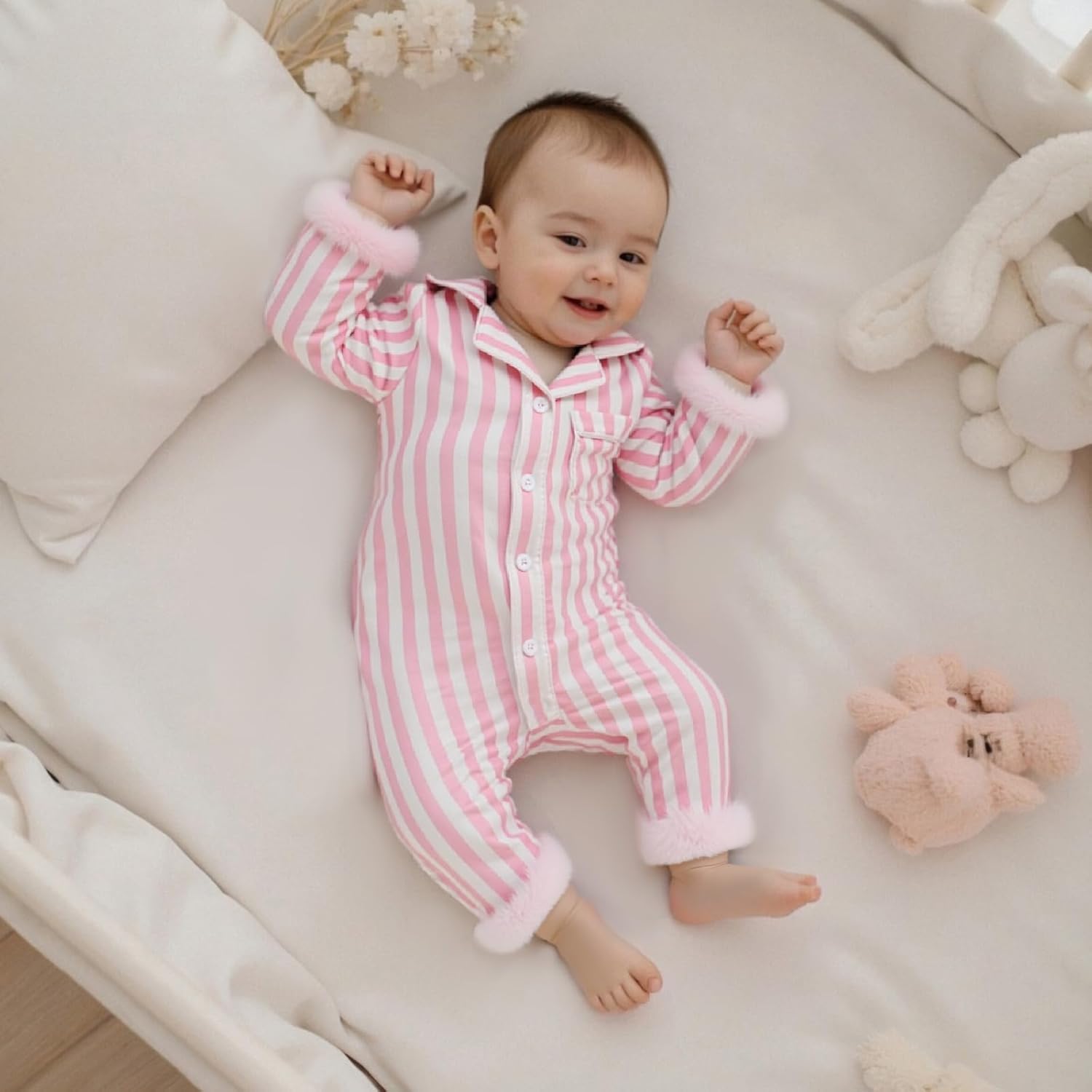 Multitrust Newborn Baby Girl Striped Silk Pajamas Button Down Feather Trim Long Sleeve Satin Infant Pjs One Piece Jumpsuit - Image 2