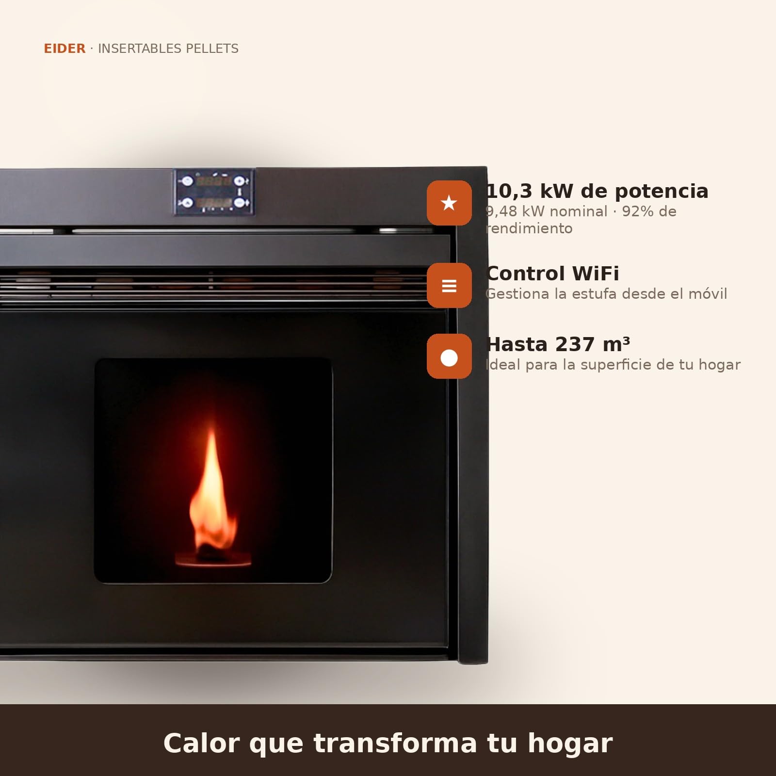 EIDER BIOMASA Insertable de Pellets Insert CANADÁ 11 – 10,3 kW – Rendimiento 92% – hasta 237 m³ – Tolva 13 kg – Programable WiFi – Clase A+