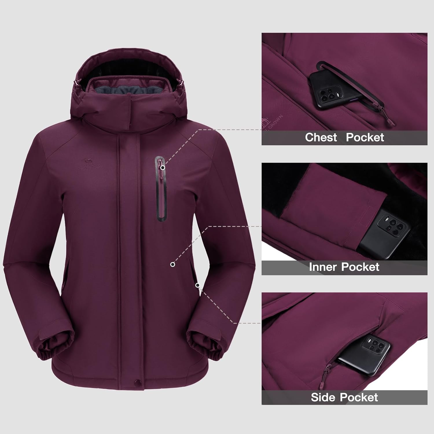 CAMEL CROWN Women's Winter Coats Hooded Ski Jacket Warm Fleece Waterproof Snowboard Jacket Windproof Windbreaker - Image 4